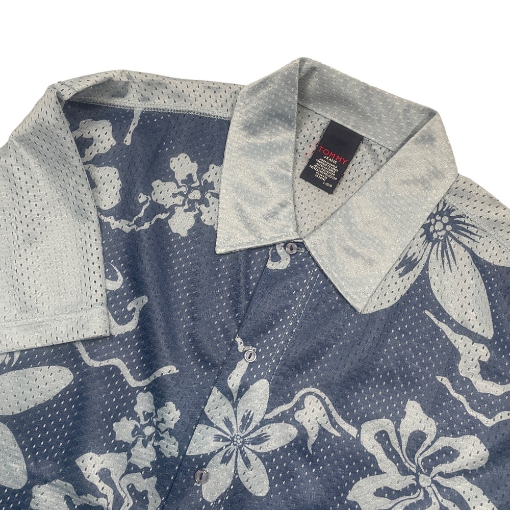 Tommy Jeans Large Blue Button Down Short Sleeve Sheer‎ Mesh Tropical Hawaiian